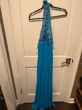 Niki Lavis Turquoise Sequin Halter Evening Dress
